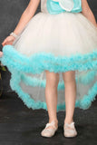 Off-White and Blue High-Low Party Frock with 3D Flower Appliqué For Girls