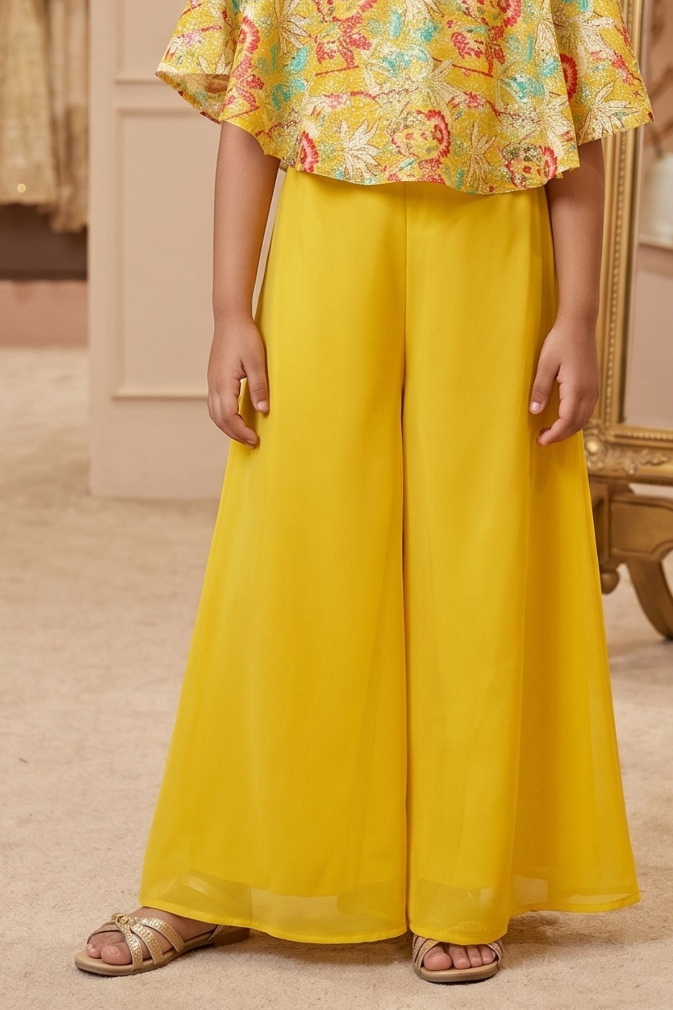 Mustard Printed Sequin Palazzo Set With Cape Sleeves For Girls