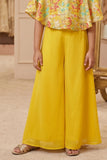 Mustard Printed Sequin Palazzo Set With Cape Sleeves For Girls