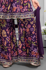 Purple Floral Printed And Embroidered Palazzo Sets For Girls