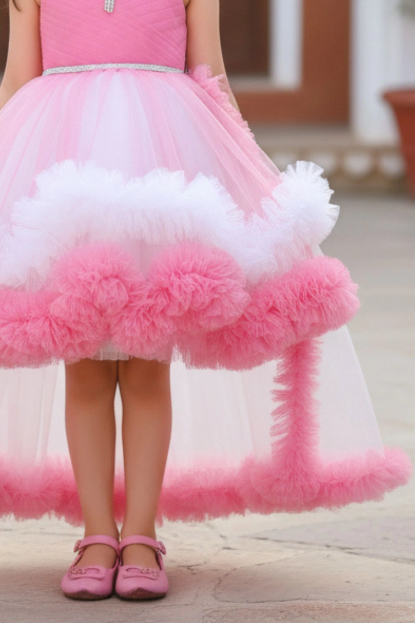 Pink Ruffle Party Frock With Stone Embellished And High-Low Hem For Girls