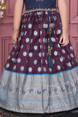 Blue And Wine Banarasi Silk Pattu Lehenga Choli Set For Girls