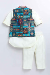 Blue Brocade Waist Coat With Cream Kurta And Pant Set For Boys