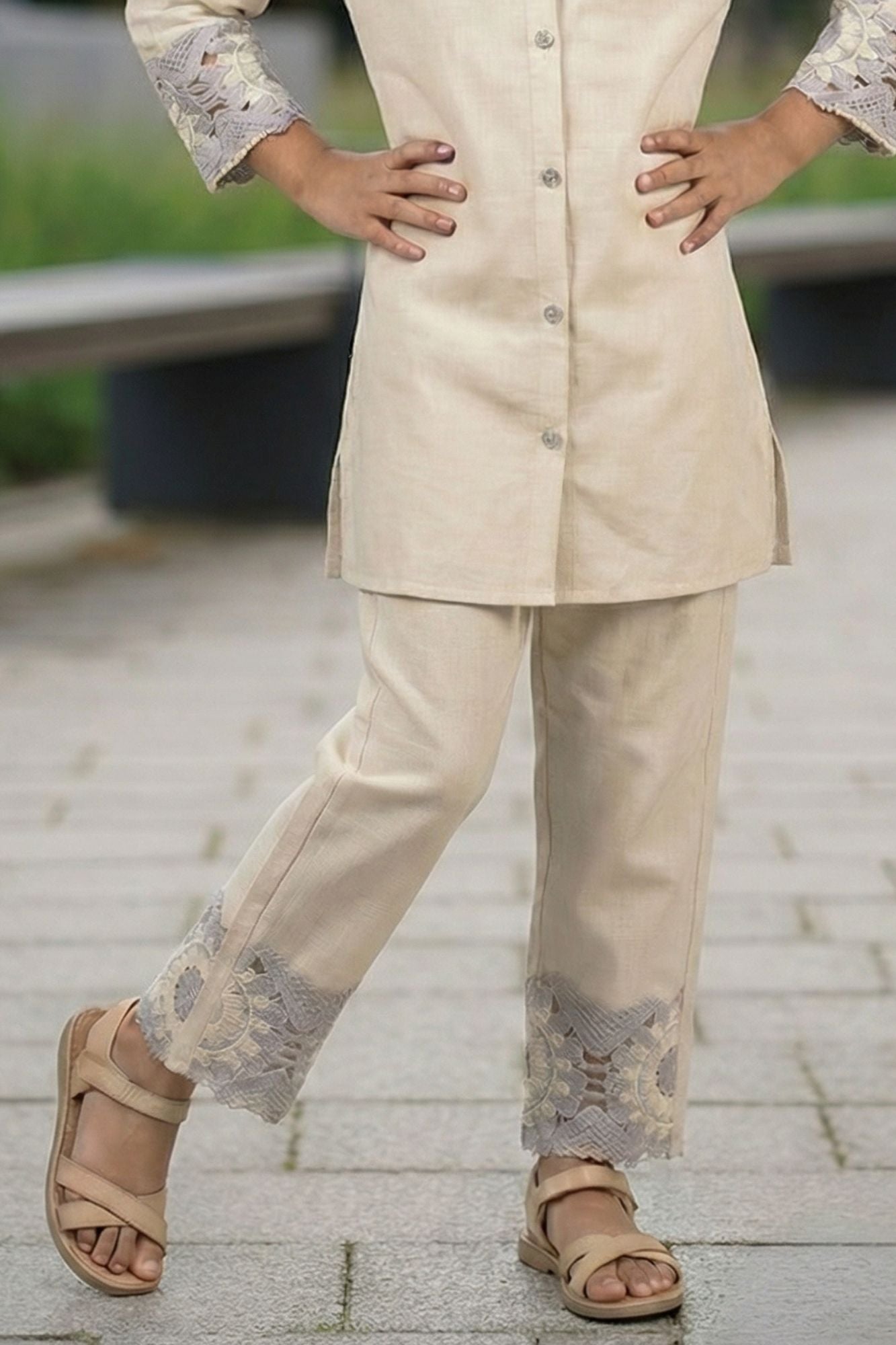 Cream Patchwork Casual Co-ord Set for Girls