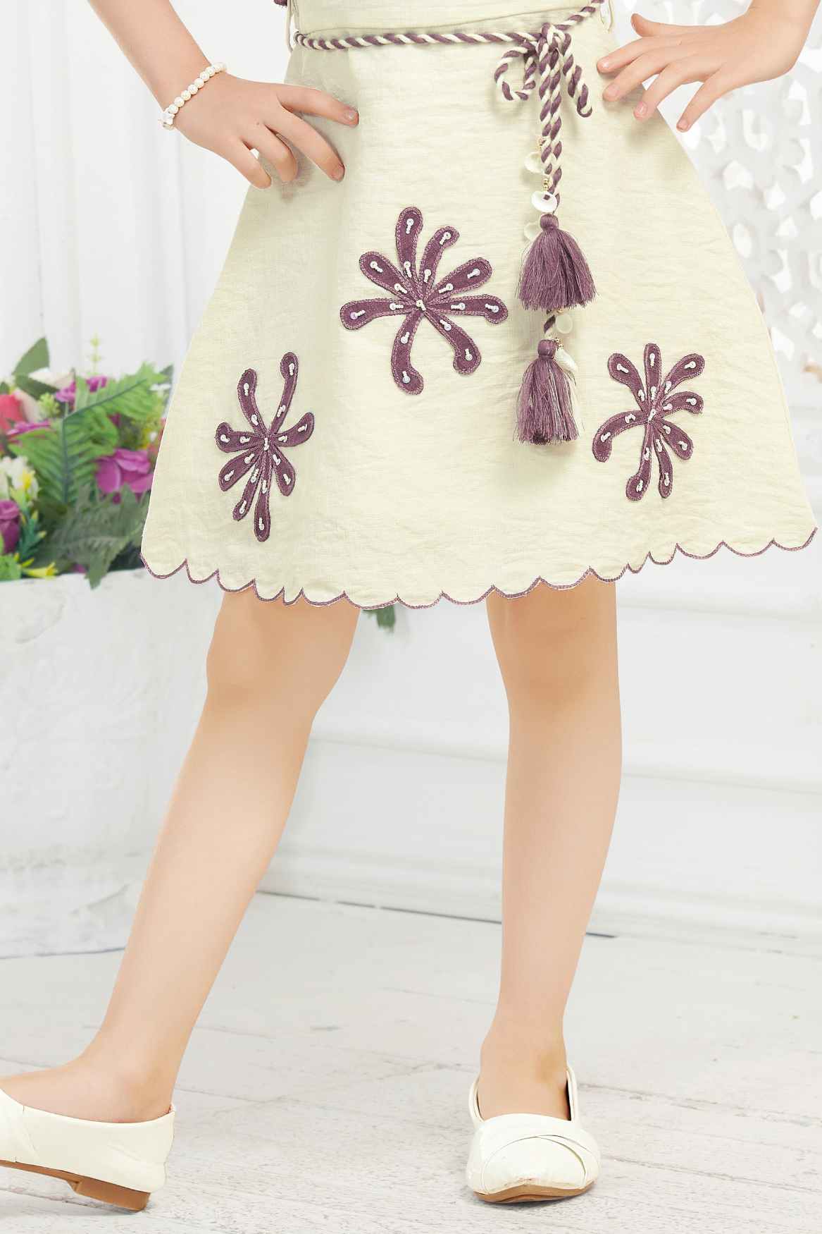 Wine And Cream Floral Patch Work Casual Dress With Overcoat For Girls