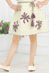 Wine And Cream Floral Patch Work Casual Dress With Overcoat For Girls