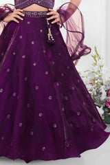 Deep Purple Embroidered Lehenga Choli Set for Girls