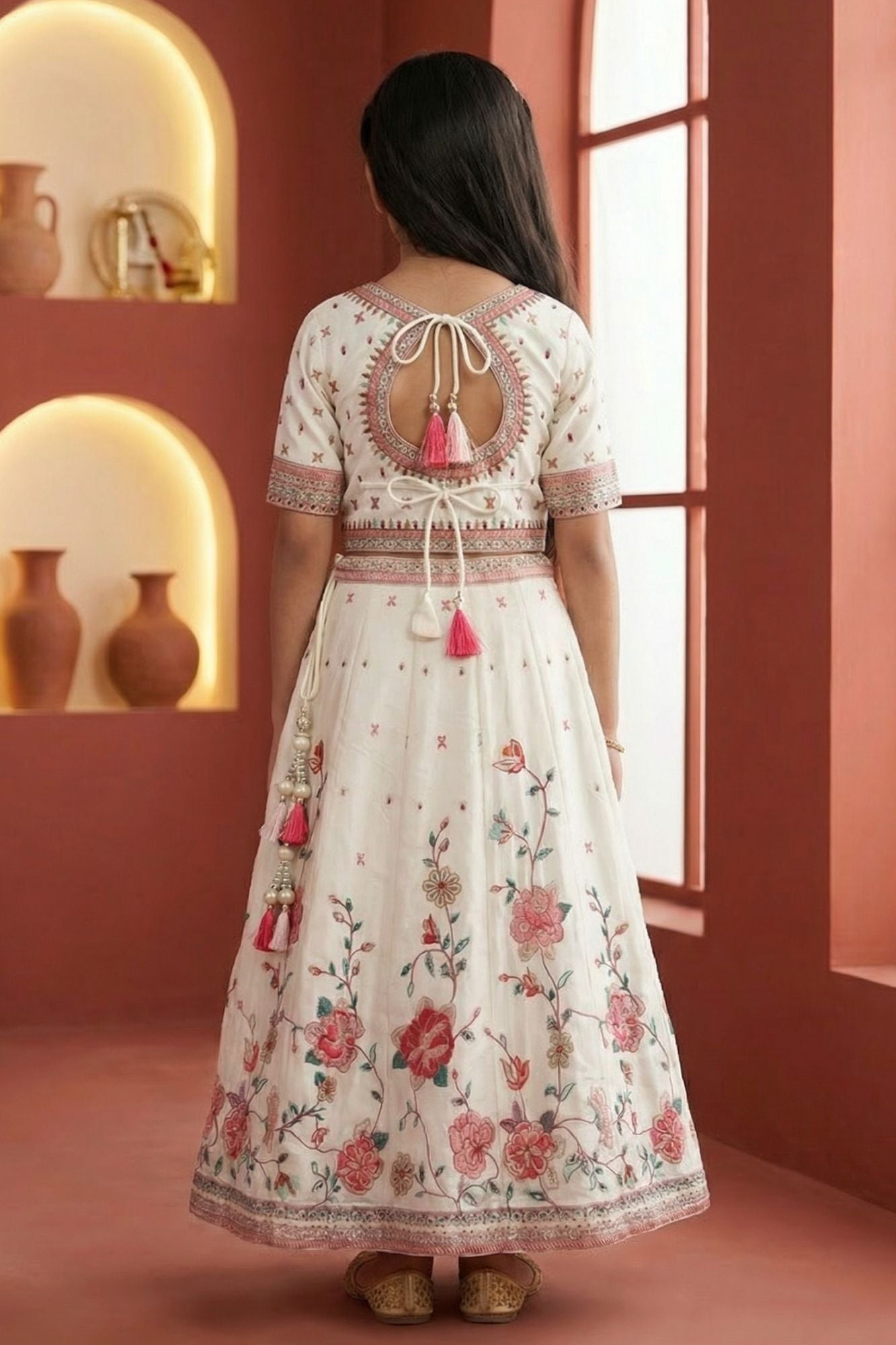 Ivory Floral Embroidered Lehenga Choli Set with Dupatta for Girls