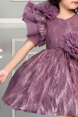 Wine Shimmer Designer Party Frock With Floral Embellishments For Girls