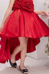 Red Embellished With Floral And Tail Back Frock For Girls