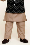 Brown Kurta Pyjama Set With Black Velvet Chevron Nehru Jacket For Boys