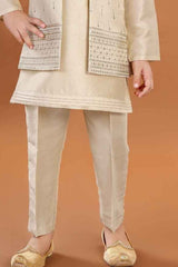 Fawn Sherwani Set With Sequin Embroidery For Boys