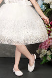 White Sequin Party Wear Frock with Floral Appliqué for Girls