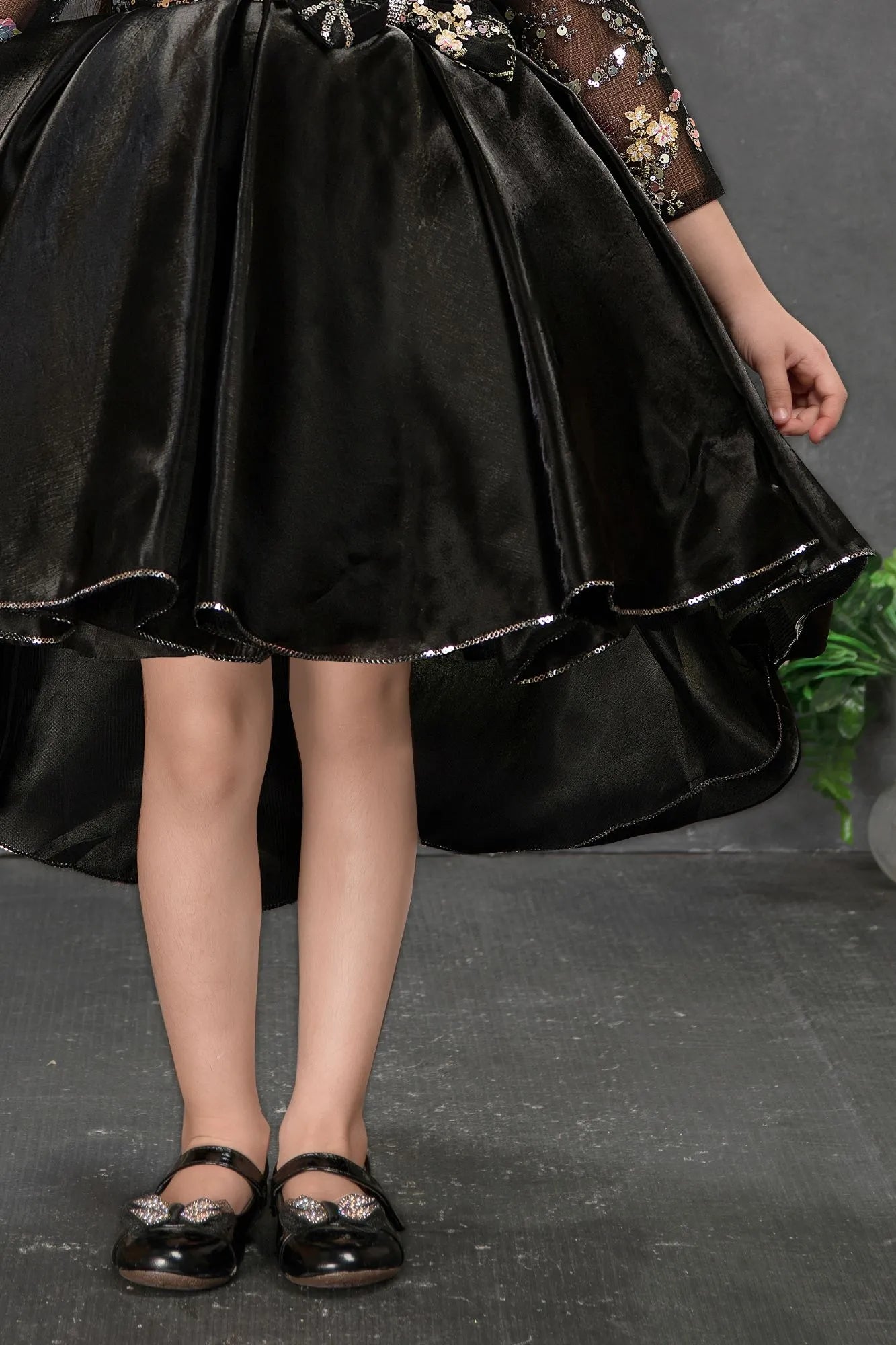 Midnight Black Floral Embroidered Tail Back Party Wear Frock For Girls
