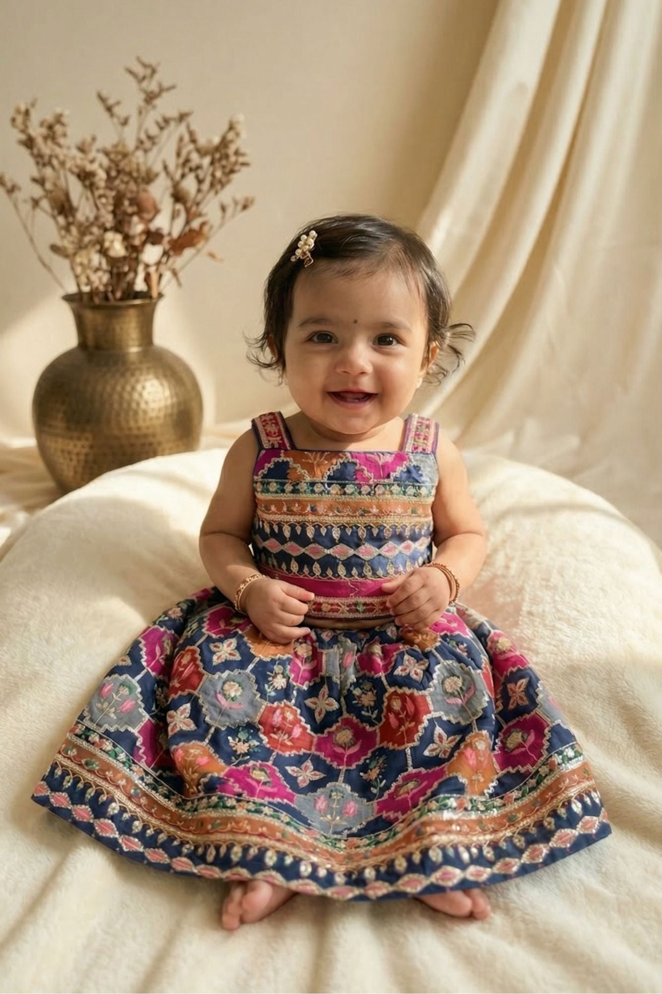 Blue With Multicolor Printed Ethnic Lehenga Choli For Girls
