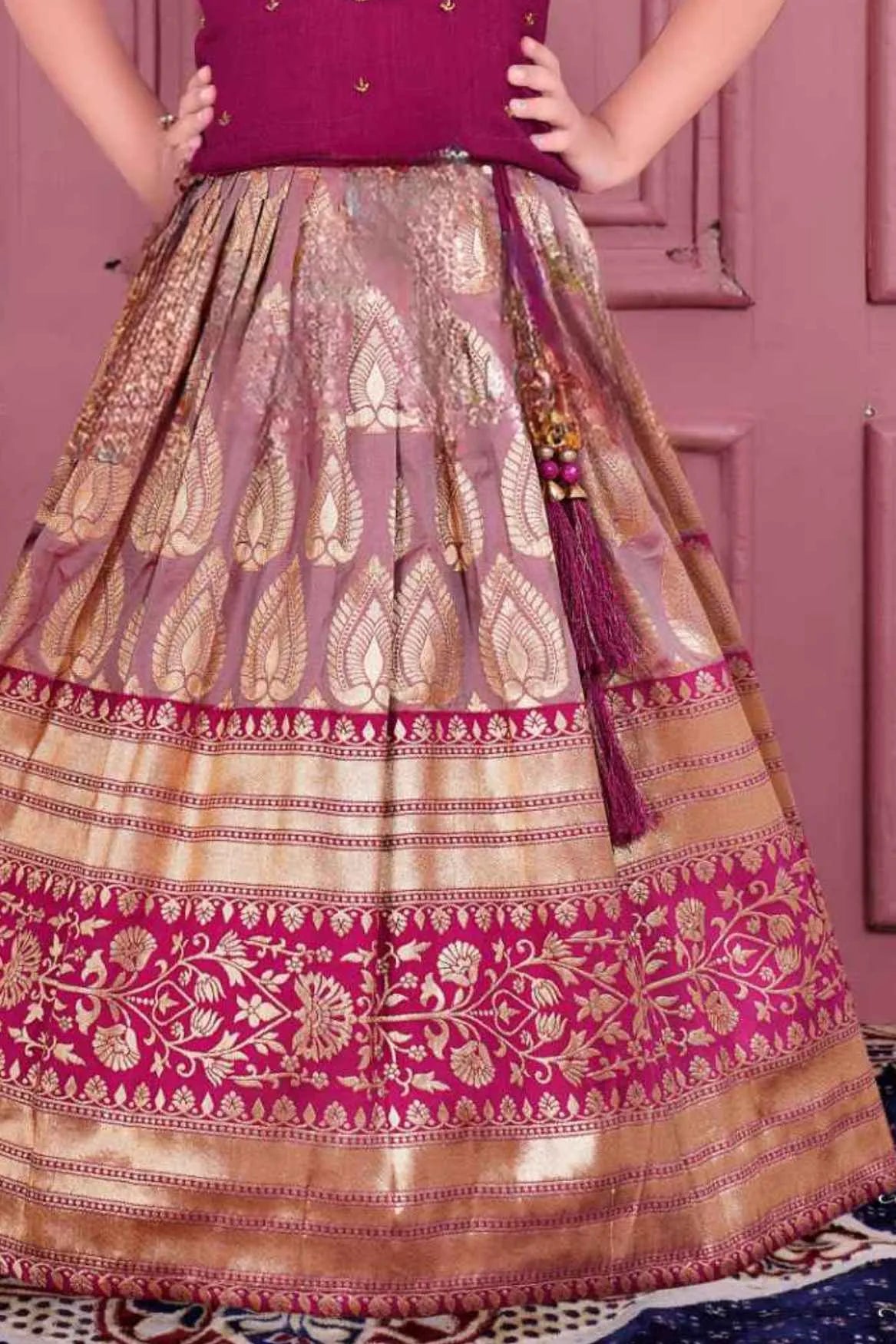 Magenta Embroidered Pattu Pavadai Set With Gold Zari Detailing For Girls