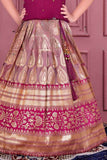 Magenta Embroidered Pattu Pavadai Set With Gold Zari Detailing For Girls