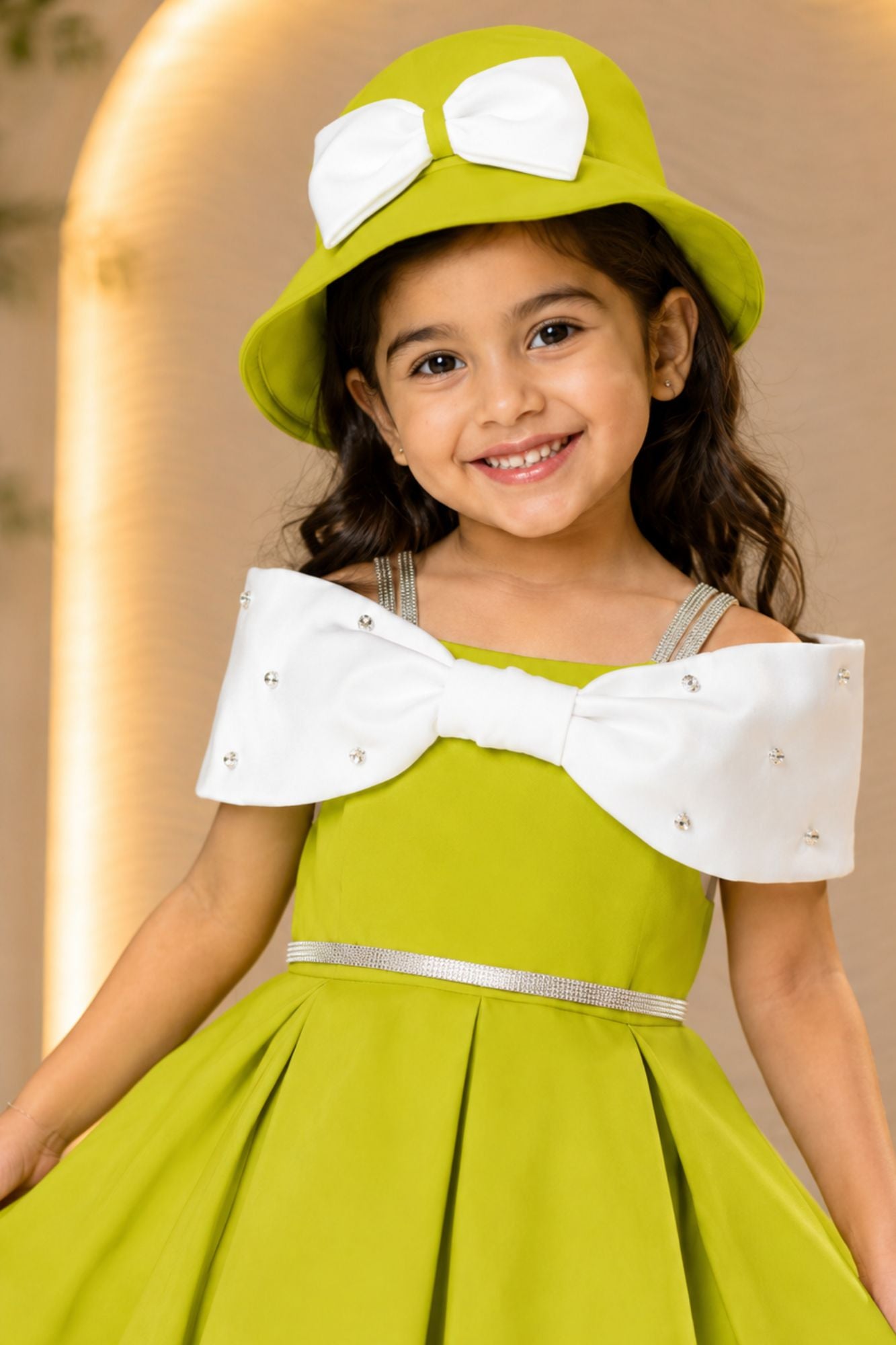 Green Off-Shoulder Bow Party Wear Frock with Matching Hat For Girls