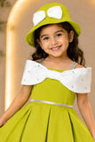Green Off-Shoulder Bow Party Wear Frock with Matching Hat For Girls