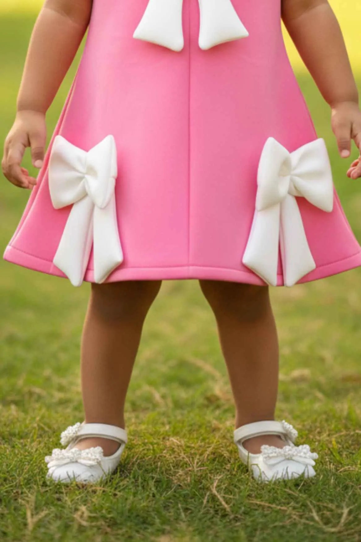 Baby Pink Party Frock with White Bow Accents For Girls