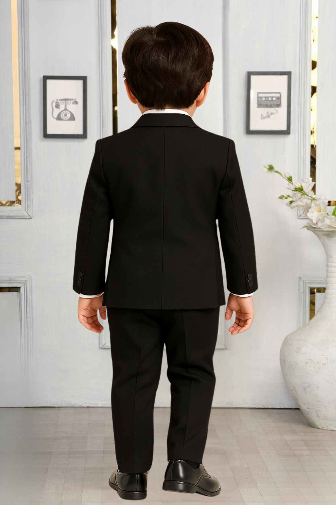 Black Bead Work Tuxedo With Pant And Waistcoat Set For Boys