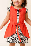 Black And White Zebra Print Dress with Orange Overlay & Floral Neck Detail For Girls