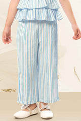 Blue And White Striped Sleeveless Layered Top And Pant Set For Girls