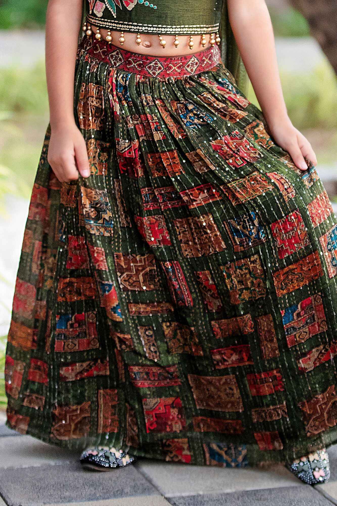 Girls Olive Green Embroidered Lehenga Choli Set with Traditional Print Skirt
