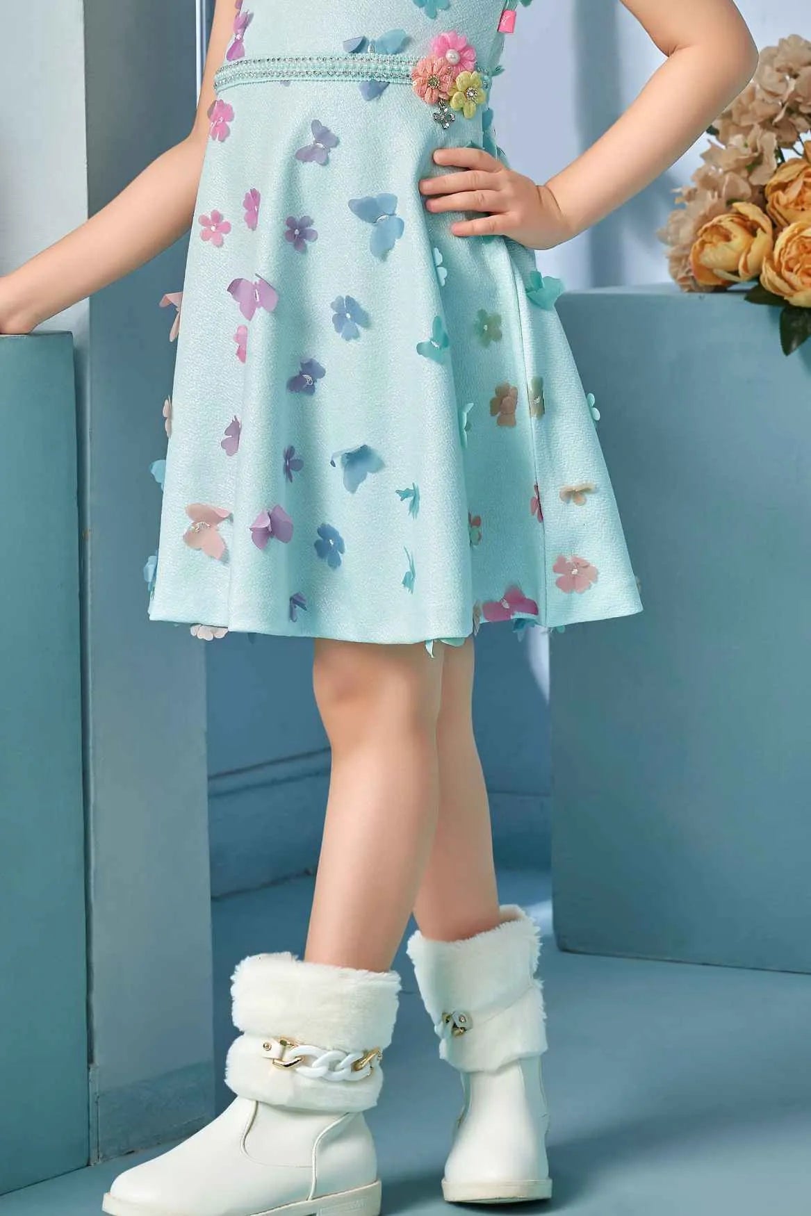 Blue Blue Party Wear Frock with Multicolor 3D Floral Appliqué Frock For Girls