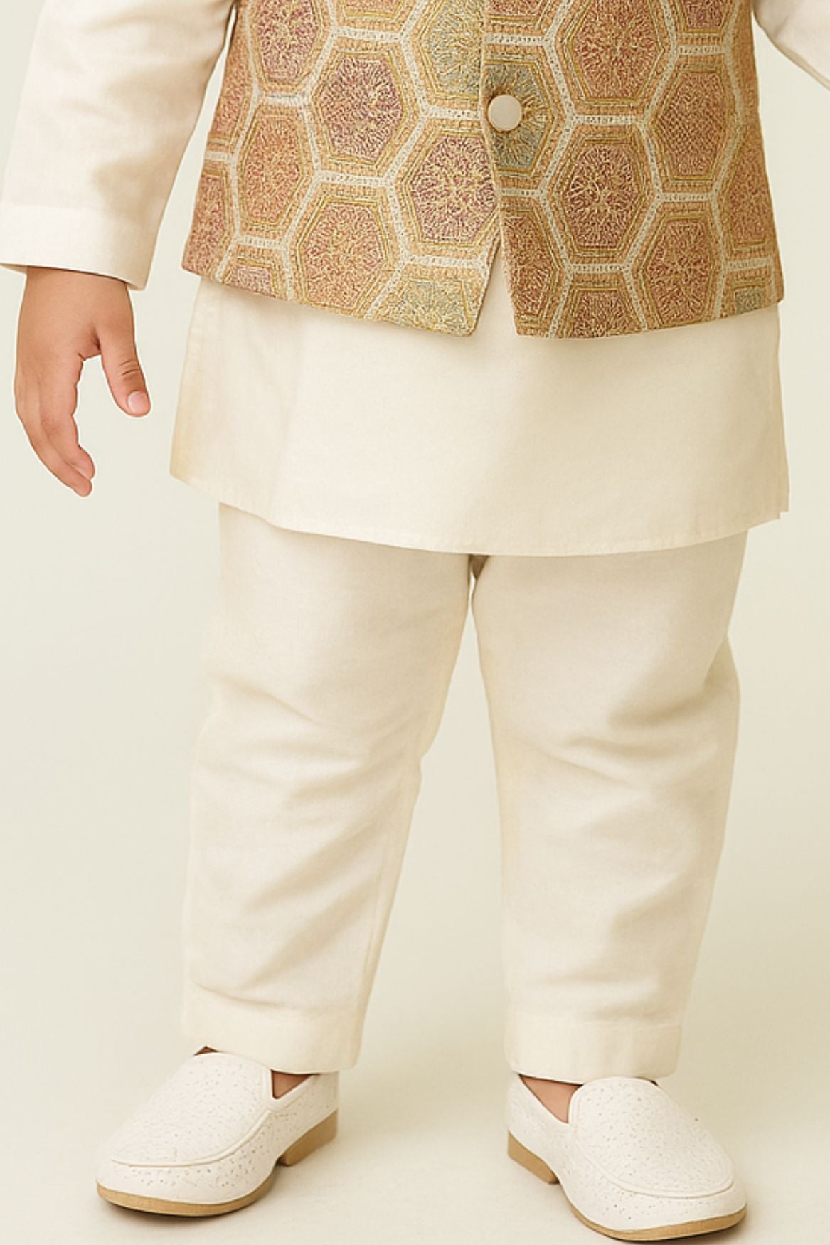 Cream Kurta Set With Hexagonal Brocade Waist Coat For Boys