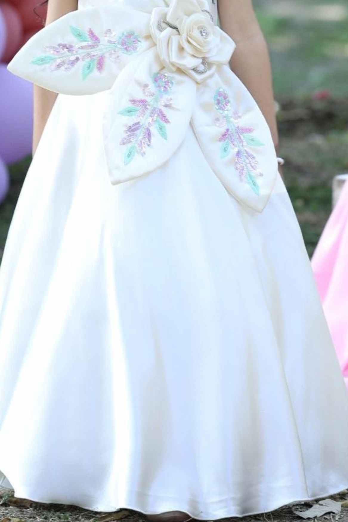 White Satin Gown with 3D Floral Embellished And Embroidery Gown For Girls