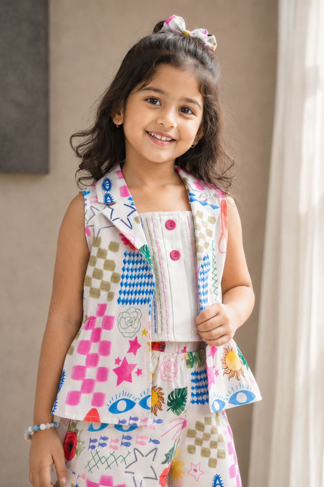 Playful Abstract Printed Waistcoat Top and Shorts Co ord Set