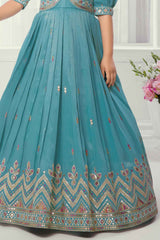 Sky Blue Sequins Worked And Zari Embroidered Ethnic Gown For Girls