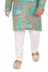 Ethnic Green Jaipuri Printed Kurta And White Bottom Set For Boys