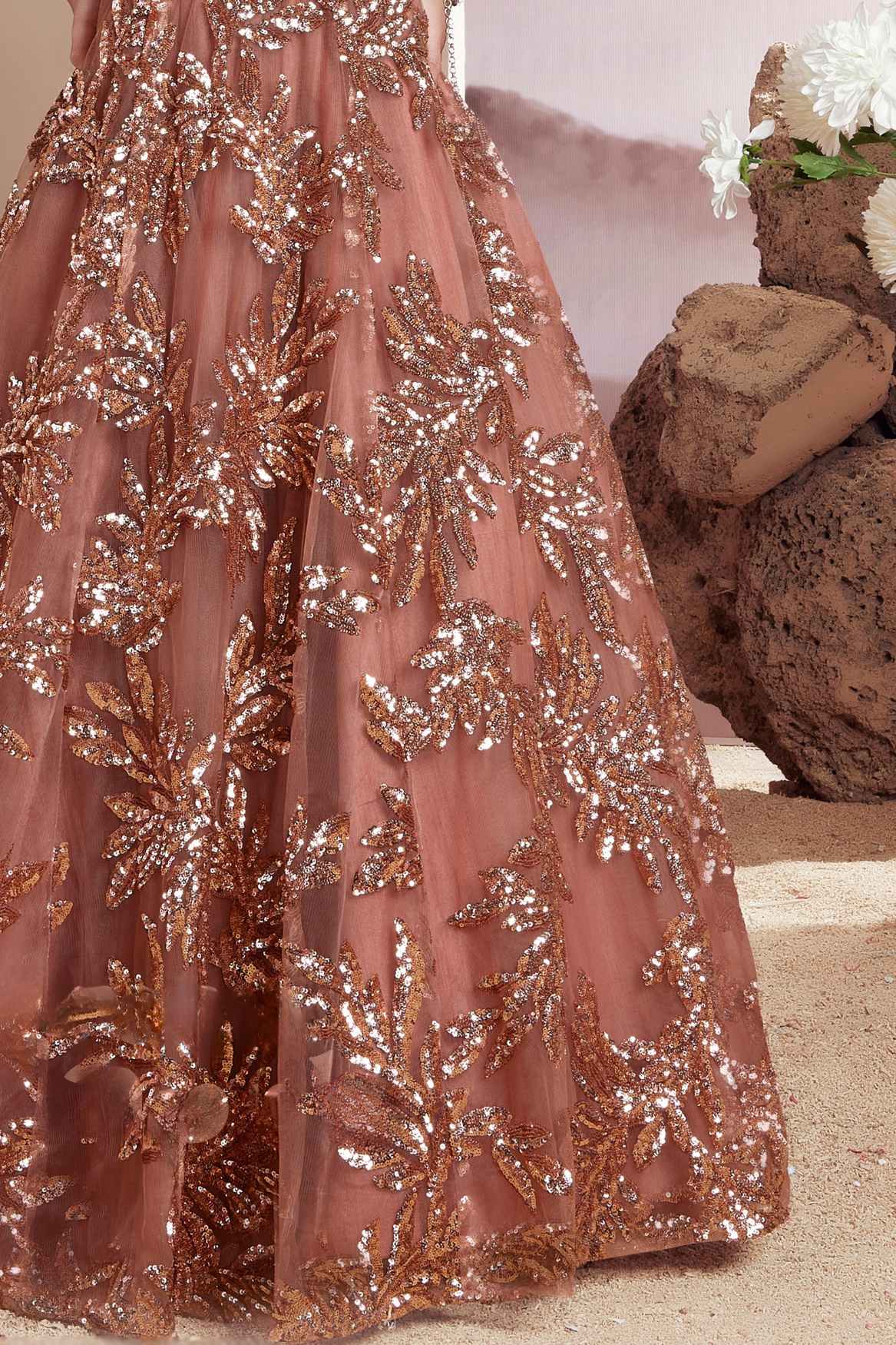 Elegant Bronze Brown Sequined Partywear Gown For Girls