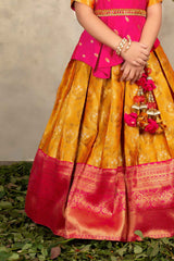 Pink And Orange Banarasi Silk Pattu Lehenga Choli Set For Girls