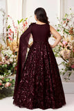 Wine Sequin Party Gown with One-Shoulder Cape & Floral Appliqué For Girls
