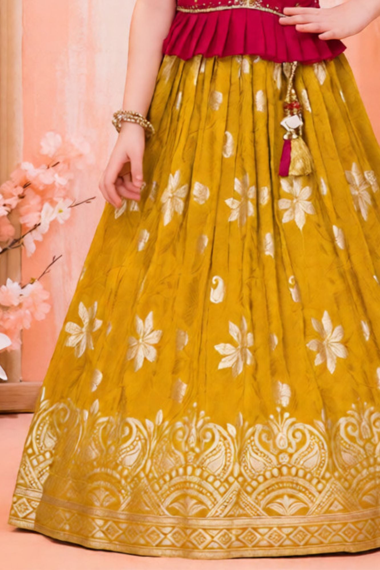 Rani Pink & Mustard Silk Pattu Pavadai Set with Zari Work For Girls