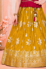 Rani Pink & Mustard Silk Pattu Pavadai Set with Zari Work For Girls