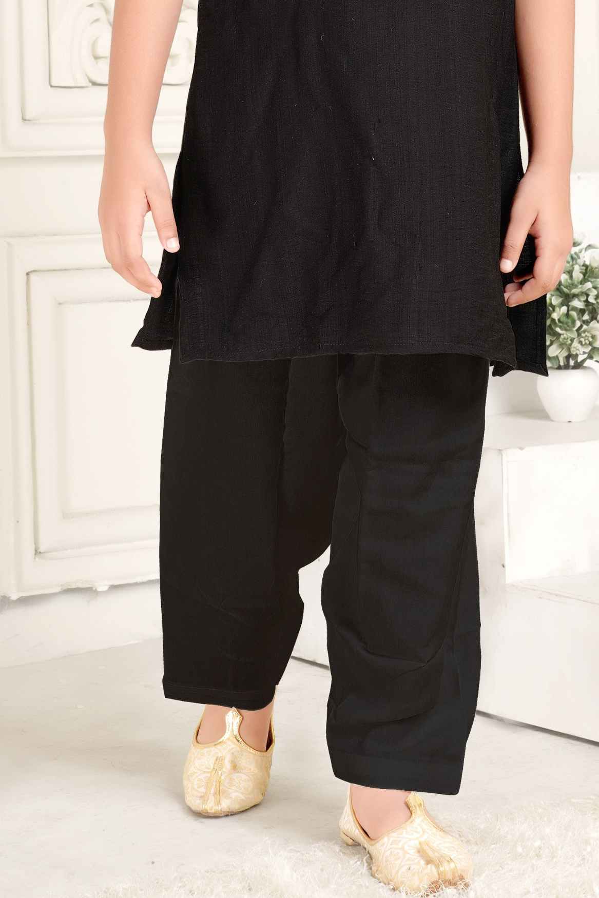 Black Mirror Work And Embroidery Pathani Kurta Set For Boys