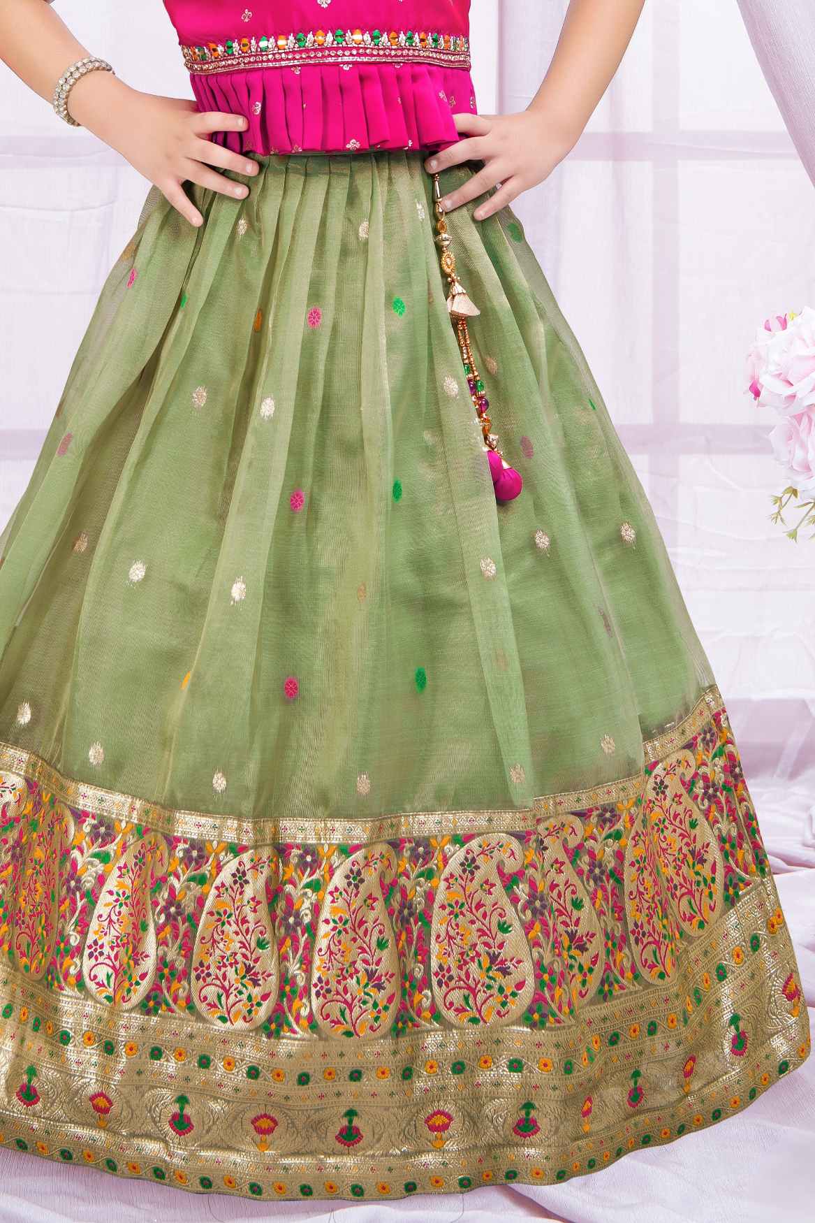 Pink And Olive Green Pattu Pavadai Set With Mirror Embroidery For Girls