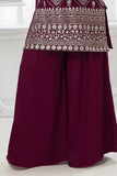 Wine Palazzo Set with Zari Embroidered Kurti and Dupatta For Girls