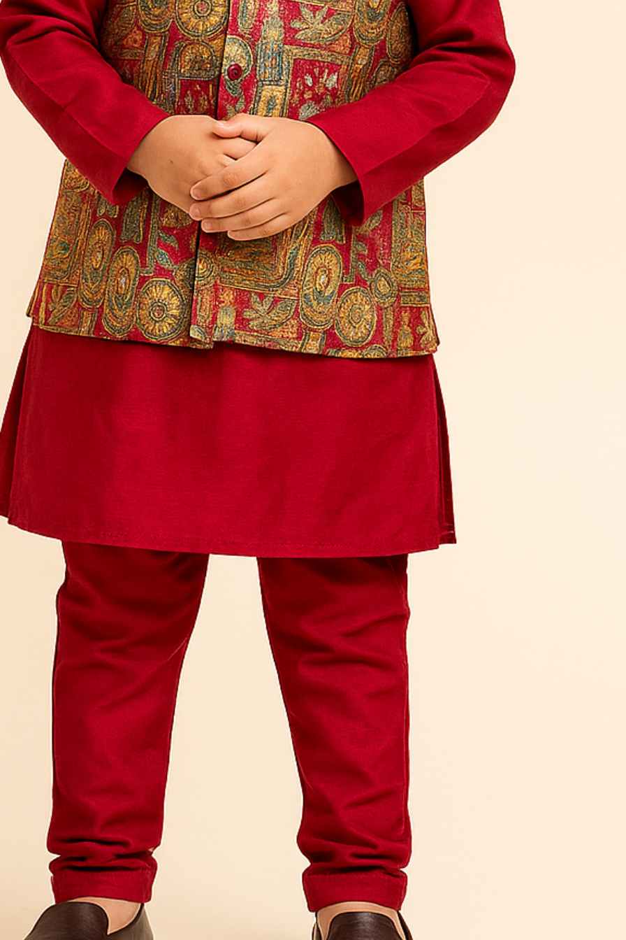 Maroon Kurta Set With Multicolor Brocade Jacket For Boys