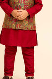 Maroon Kurta Set With Multicolor Brocade Jacket For Boys
