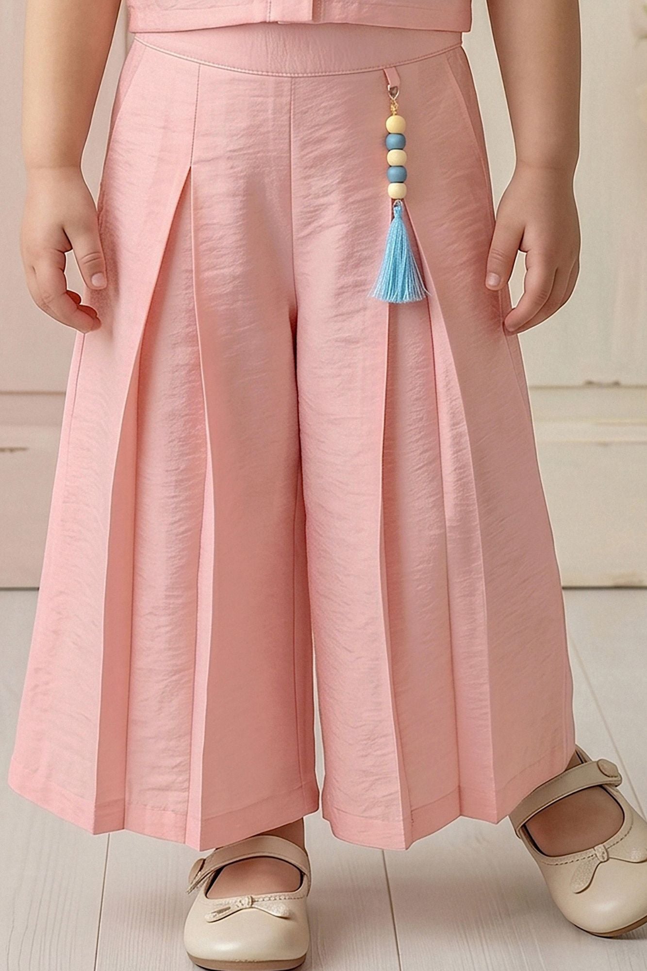 Girls Peach Pleated Co-Ord Set with Floral Patch Pocket