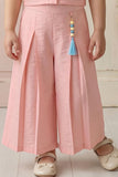 Girls Peach Pleated Co-Ord Set with Floral Patch Pocket