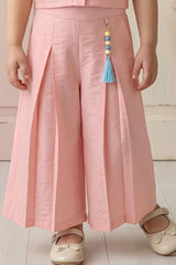 Girls Peach Pleated Co-Ord Set with Floral Patch Pocket