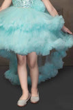 Blue Shimmer Tailback Party Wear Frock With Floral Embellishment For Girls