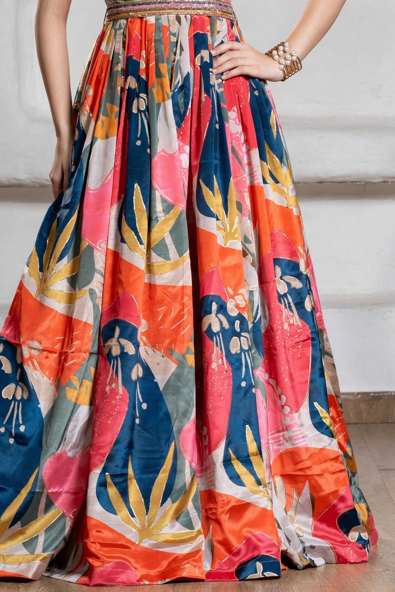 Multicolor Abstract Print Embellished Ethnic Gown For Girls