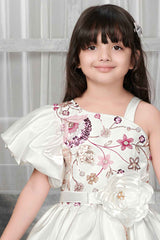 Elegant Cream Party Gown With Puffy Sleeves And Sequins Work For Girls